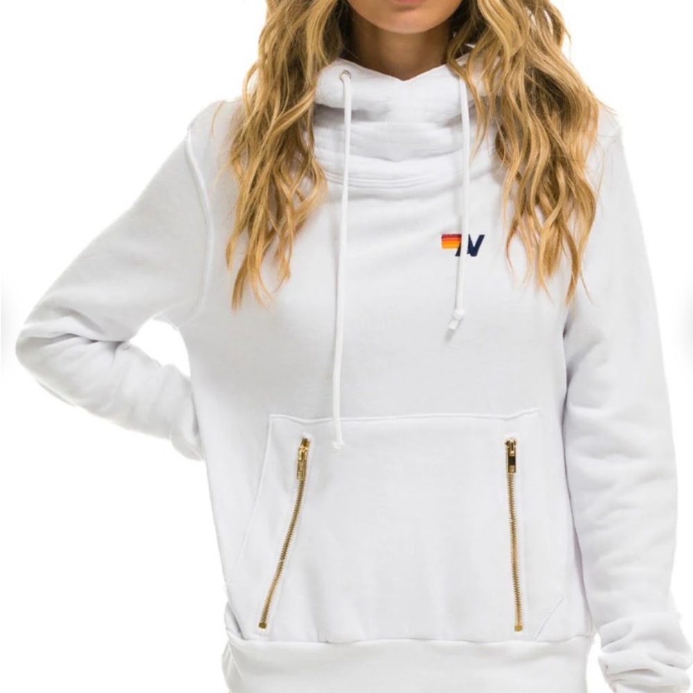 Aviator Nation White Ninja Hoodie with Gold Zipper Details